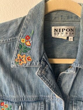 Women's Light Blue Denim Jacket with Floral Embroidery